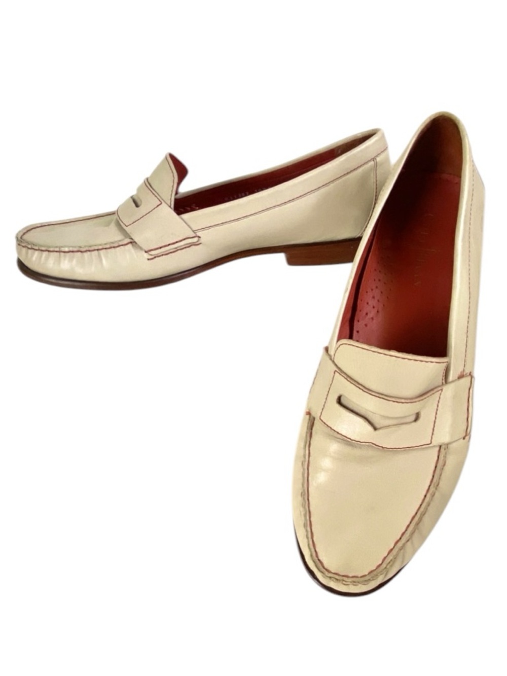 Cole Haan Cream Leather Penny Loafers with Coral Accenting Size 10.5